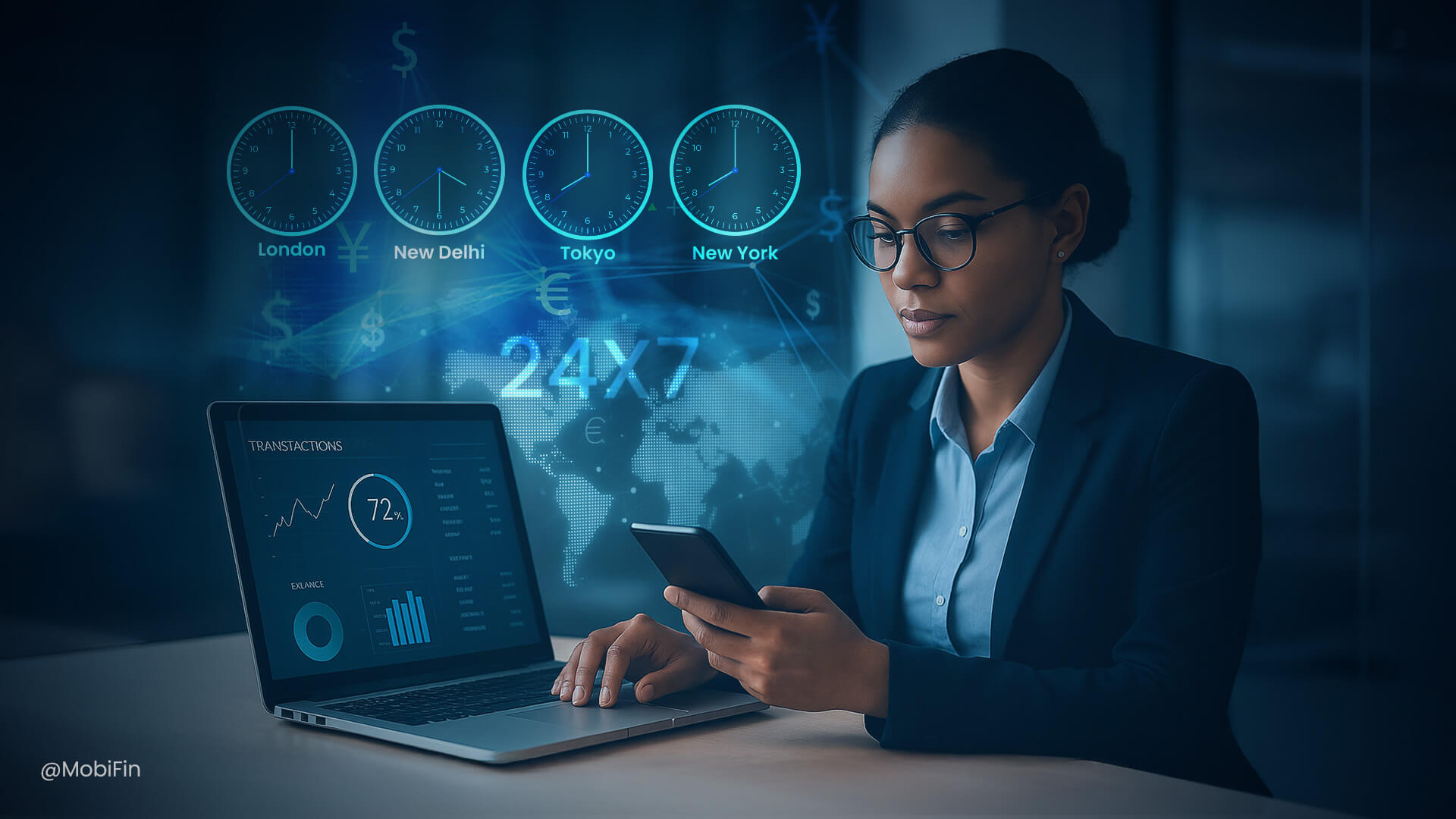 Mujer con gafas usando un teléfono móvil mientras observa gráficos en una computadora portátil en un entorno de oficina.