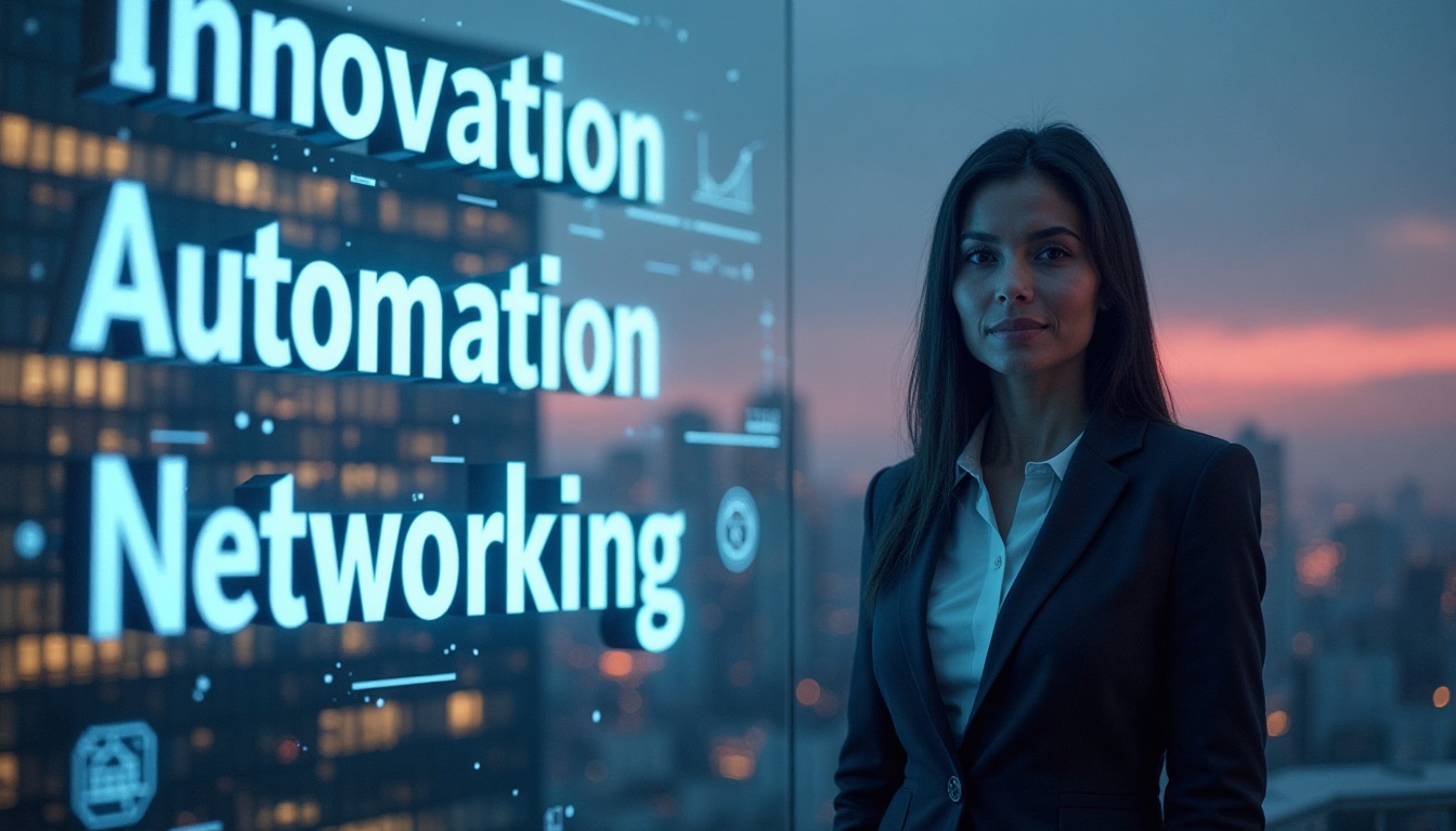 Mujer de pie junto a un panel que muestra las palabras 'Innovación', 'Automatización' y 'Redes' en un entorno urbano.