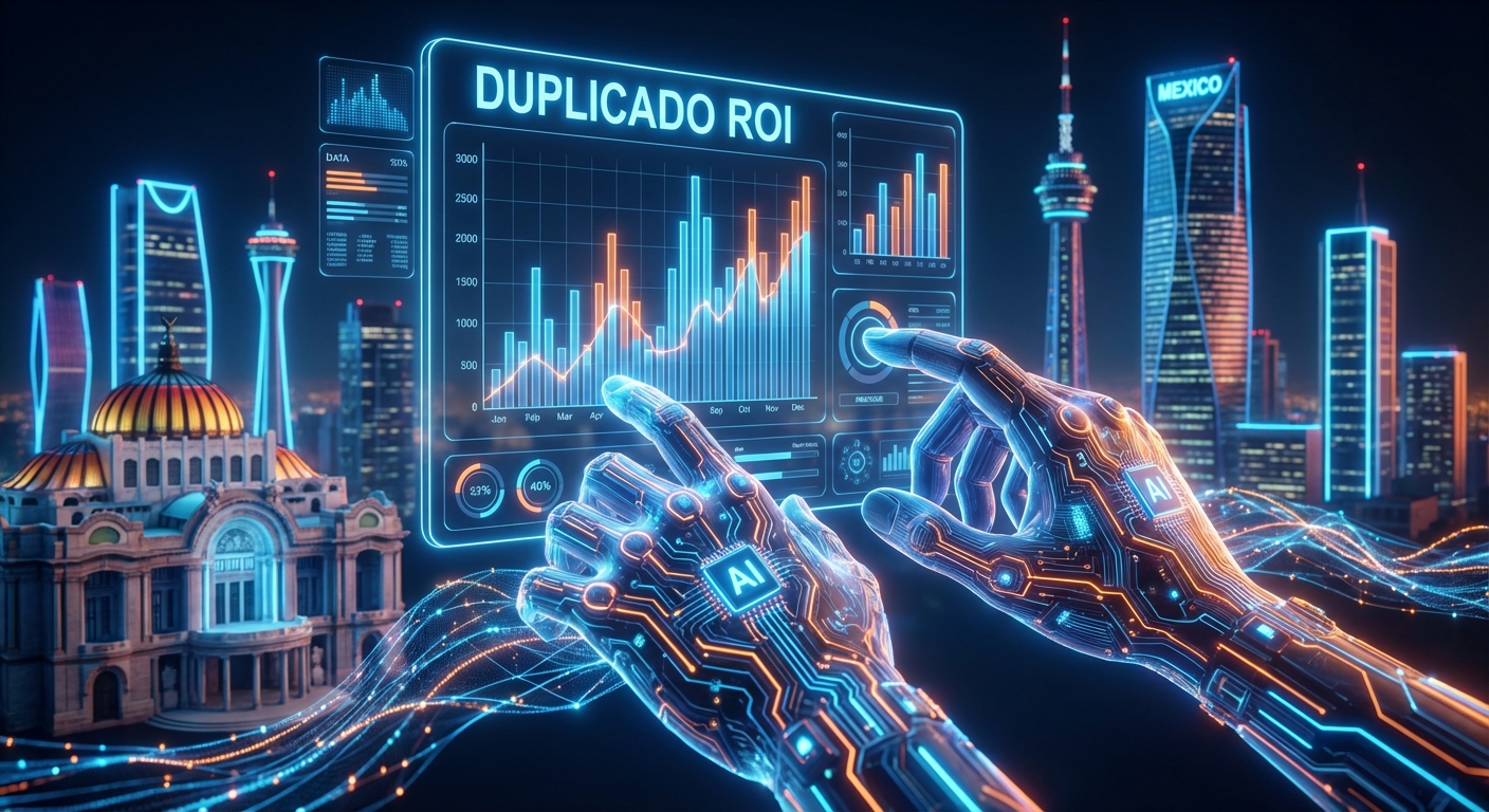 Manos robóticas interactivas manipulando gráficos de rendimiento financiero en un entorno digital futurista.