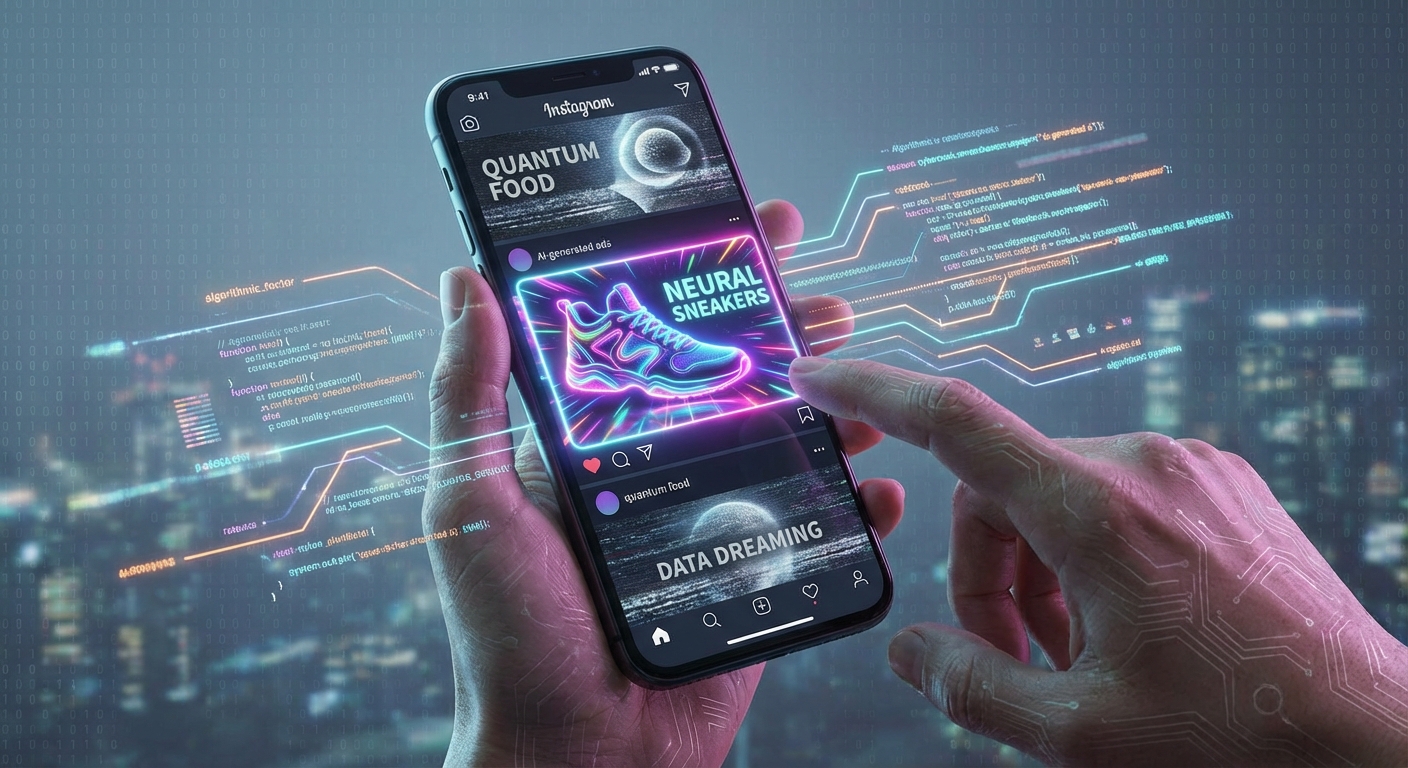 Teléfono inteligente mostrando una interfaz digital con anuncios de productos como zapatillas y comida cuántica.