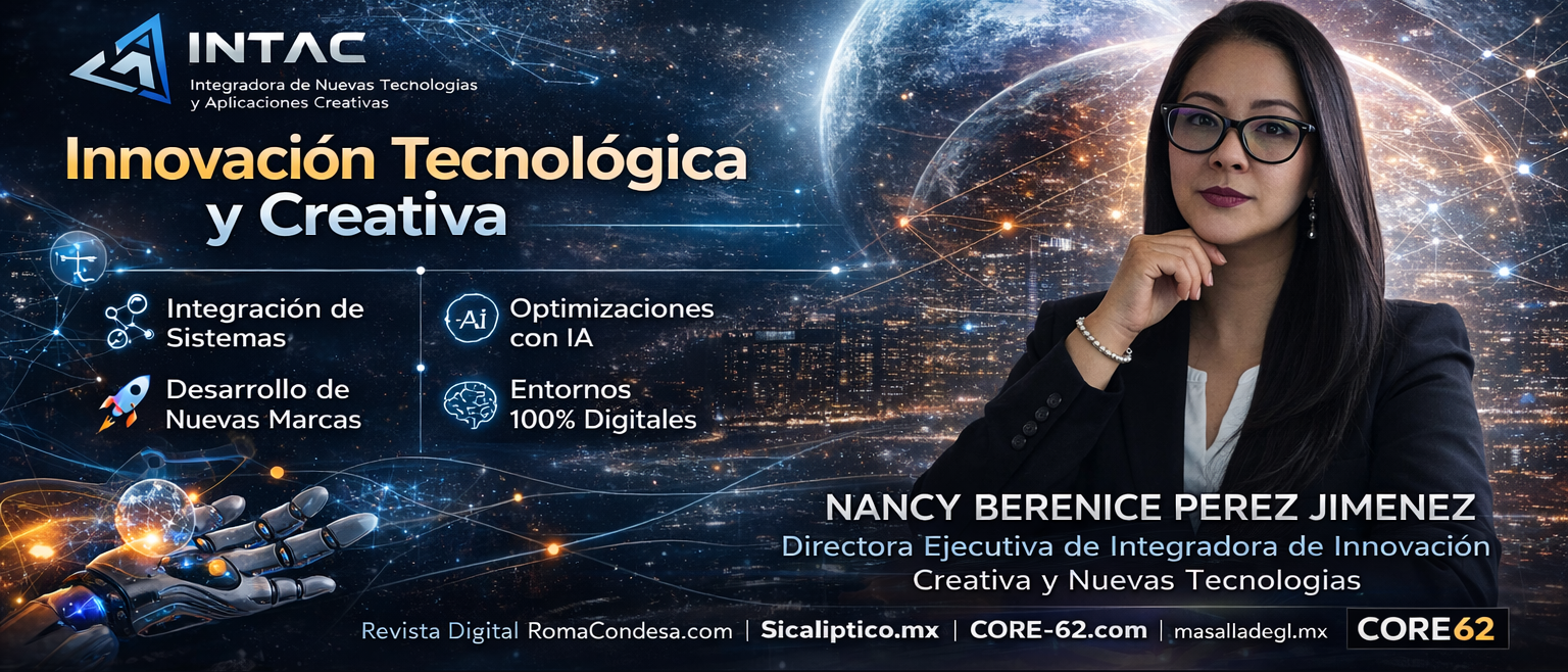 Nancy Berenice Pérez Jiménez, Directora Ejecutiva de INTAC, posando con un fondo que destaca la innovación tecnológica y creativa.