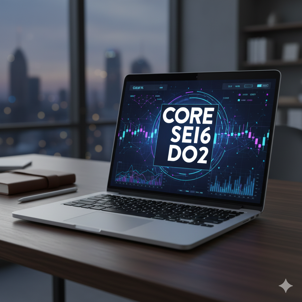Laptop mostrando gráficos de datos y el texto 'CORE SE16 DO2' en un entorno urbano moderno.