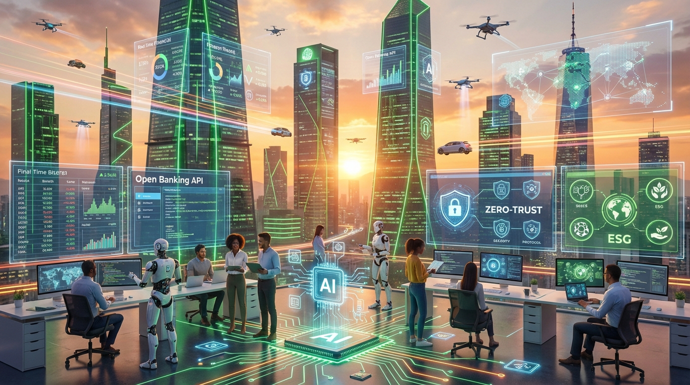 Ilustración de un entorno urbano futurista con gráficos de datos y tecnología de inteligencia artificial en un paisaje de ciudad.