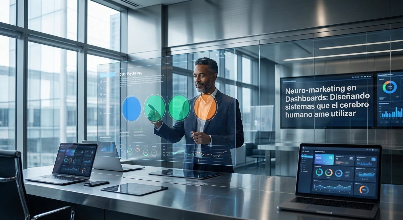 Profesional de negocios con traje azul interactúa con paneles holográficos y gráficos circulares en una sala de reuniones moderna, rodeado de pantallas y laptops.
