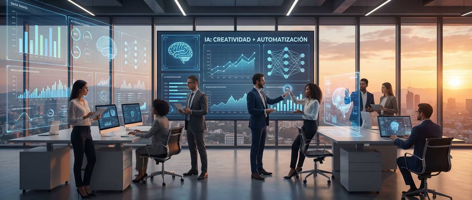 Oficina moderna con paredes de vidrio y pantallas holográficas que muestran gráficos y redes neuronales; grupo de profesionales interactuando junto a mesas de trabajo y vista urbana al atardecer.