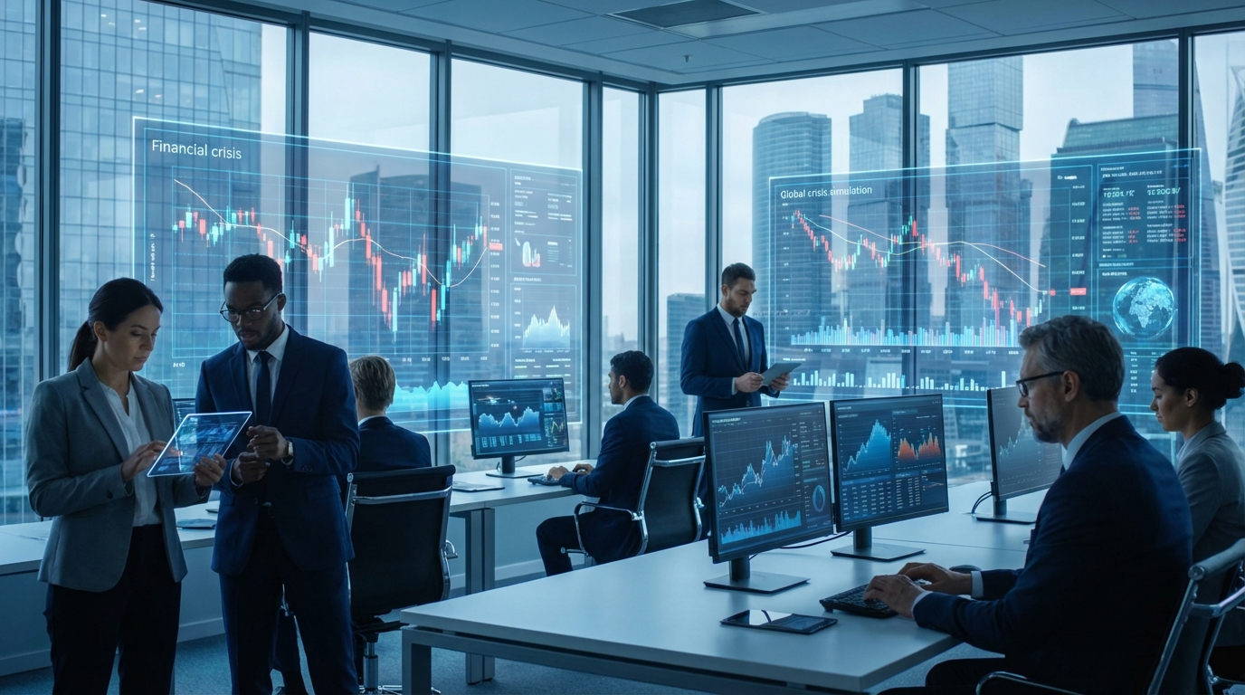 Equipo financiero en una oficina moderna con grandes pantallas mostrando gráficos y análisis de crisis mundial en tonos azules, computadoras y dispositivos en las mesas.