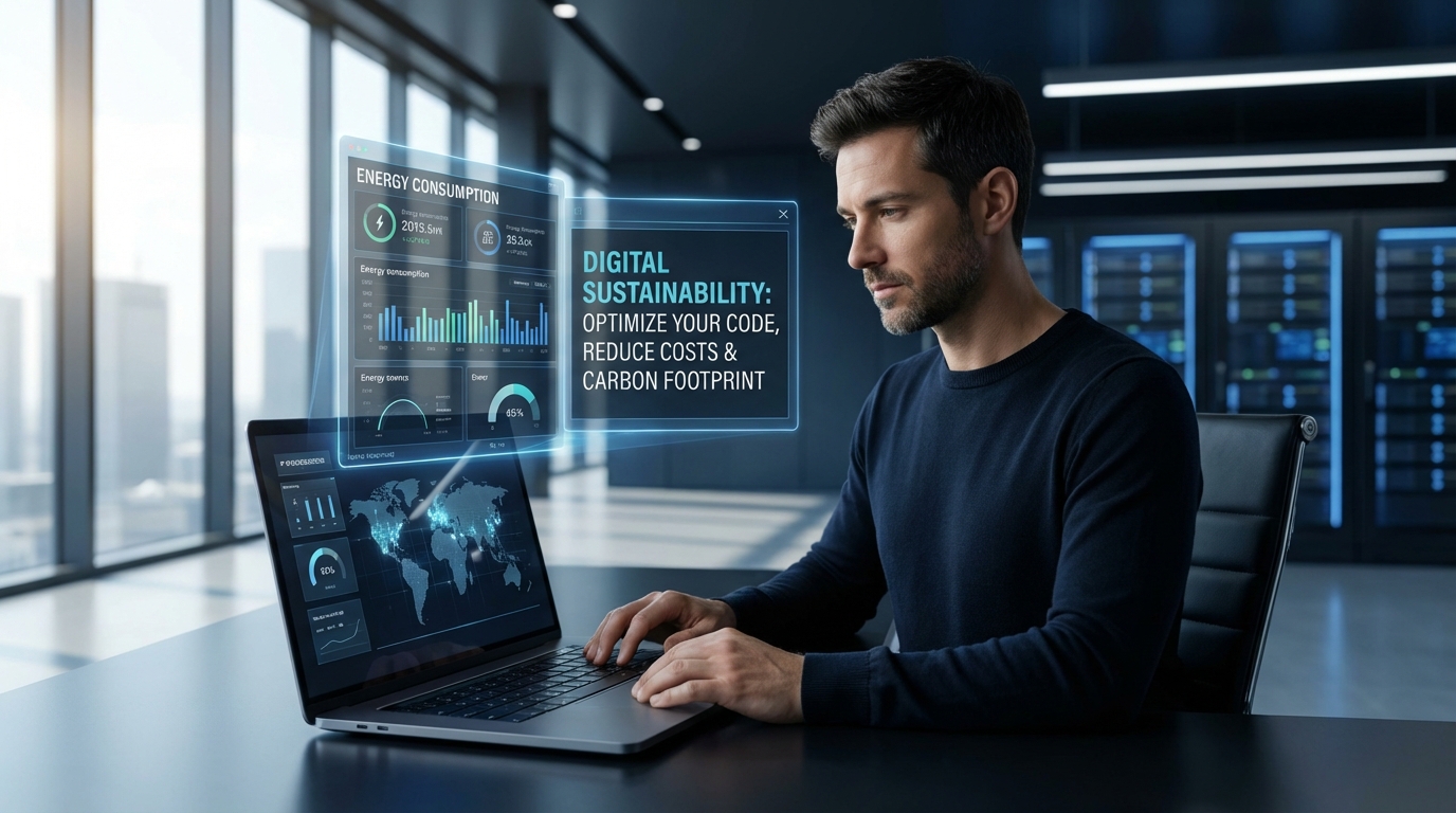 Ejecutivo trabajando en un entorno de servidor con pantallas holográficas que muestran datos de consumo energético y sostenibilidad digital.