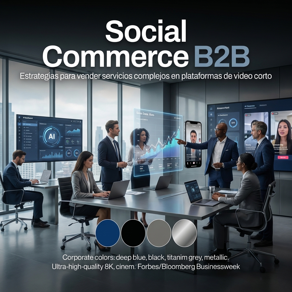 Reunión corporativa en oficina moderno: equipo diverso discute sobre estrategias de Social Commerce B2B, con pantallas holográficas y gráficos en una sala de conferencias de gran ventanal.