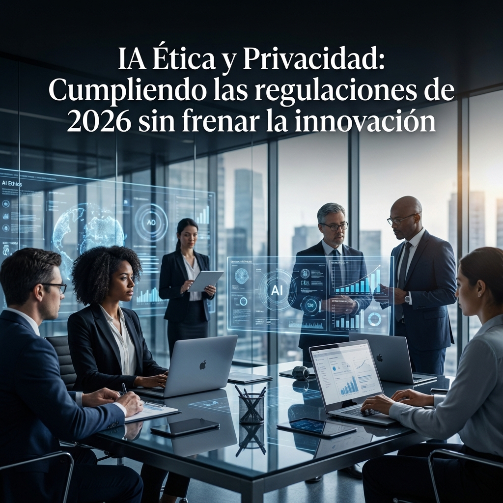 Reunión empresarial en oficina con pantallas holográficas y gráficos sobre IA, destacando IA Ética y Privacidad y cumplimiento de regulaciones 2026.
