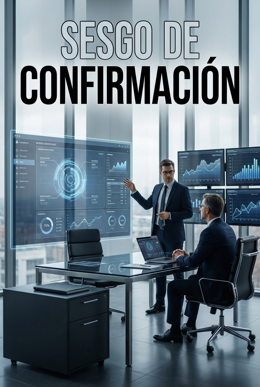 Oficina moderna con dos ejecutivos revisando datos en pantallas holográficas y gráficos, fondo con grandes ventanales y título en español en la parte superior.