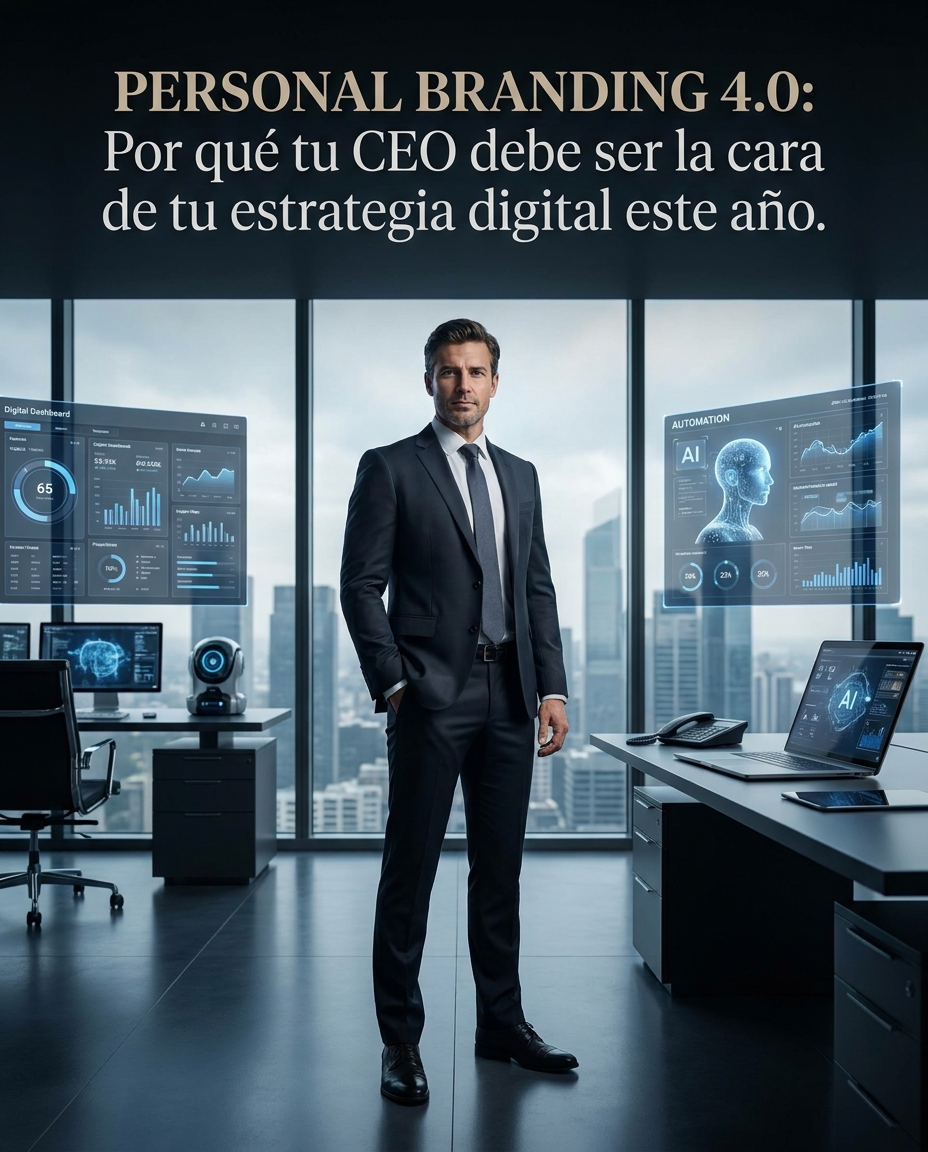 Ejecutivo con traje oscuro en oficina corporativa tecnológica, con pantallas de datos y titulares de “Personal Branding 4.0: CEO”.