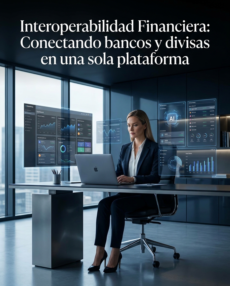 Interoperabilidad Financiera: conectando bancos y divisas en una sola plataforma, con paneles digitales azules e inteligencia artificial en foco.