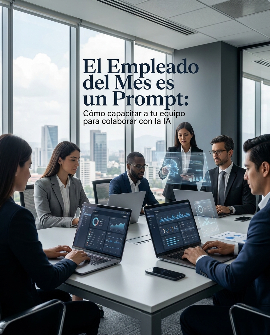 Equipo en oficina moderna con laptops y pantallas digitales, analizando Inteligencia Artificial; el texto “El Empleado del Mes es un Prompt” guía la capacitación.