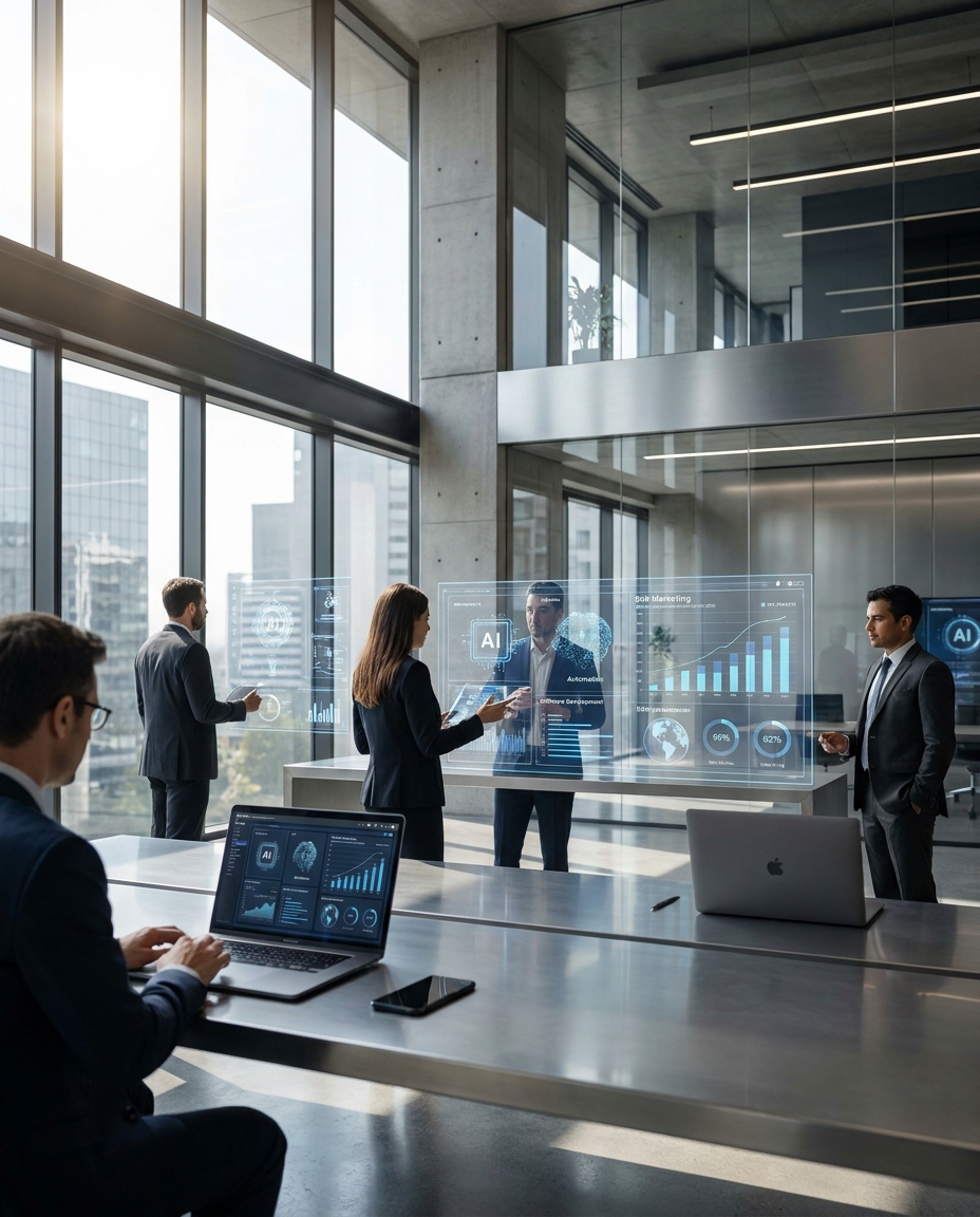 Reunión en oficina moderna donde la inteligencia artificial y el FOMO en la IA se reflejan en pantallas holográficas azules con gráficos.