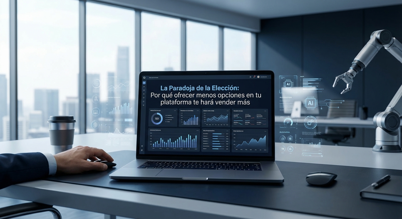 Pantalla con texto “La Paradoja de la Elección: Por qué ofrecer menos opciones en tu plataforma te hará vender más”, gráficos en azul y panel de IA