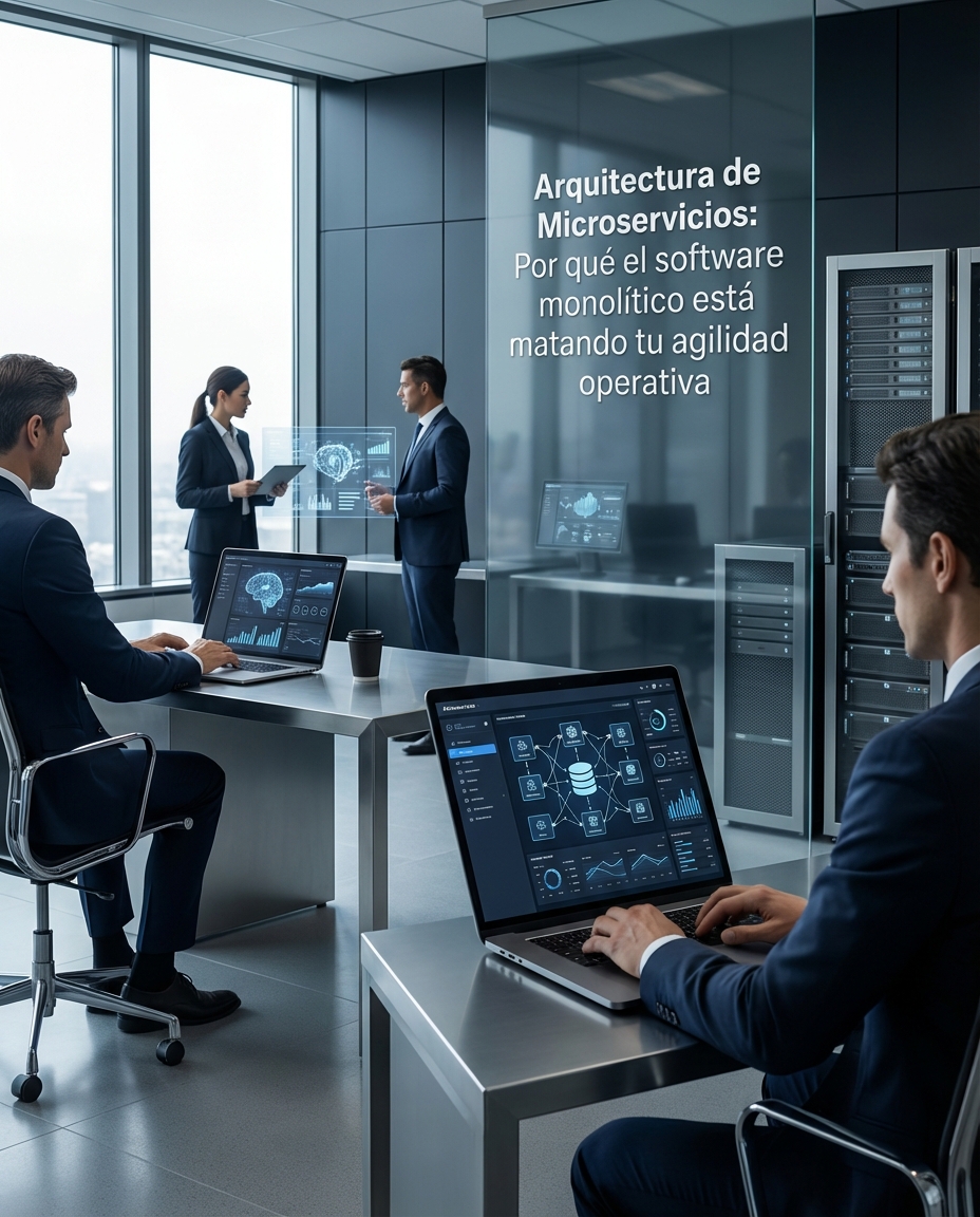 Arquitectura de Microservicios: Por qué el software monolítico está matando tu agilidad operativa, en una oficina moderna azul y gris con pantallas y laptops.