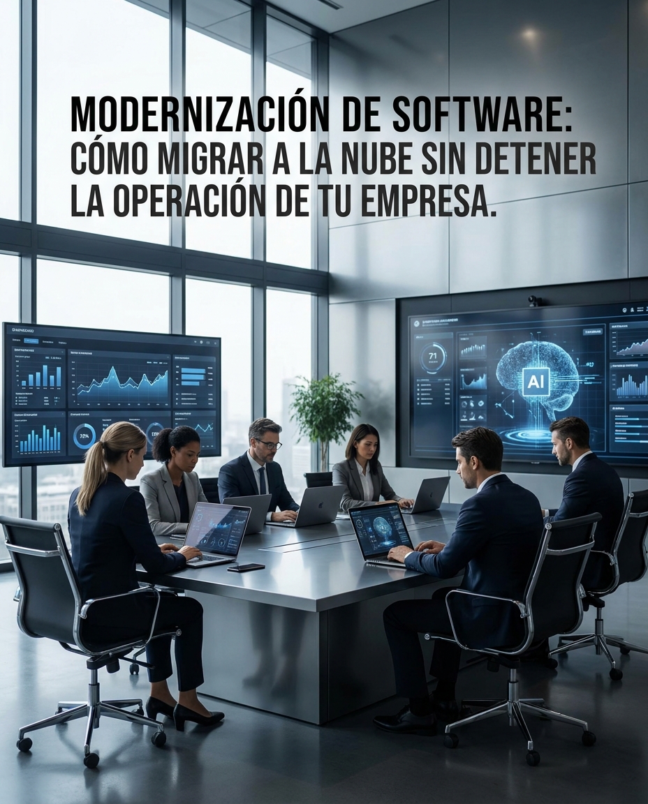 Personas en reunión empresarial con pantallas de datos e IA en una oficina moderna; texto “Modernización de software: migrar a la nube”.