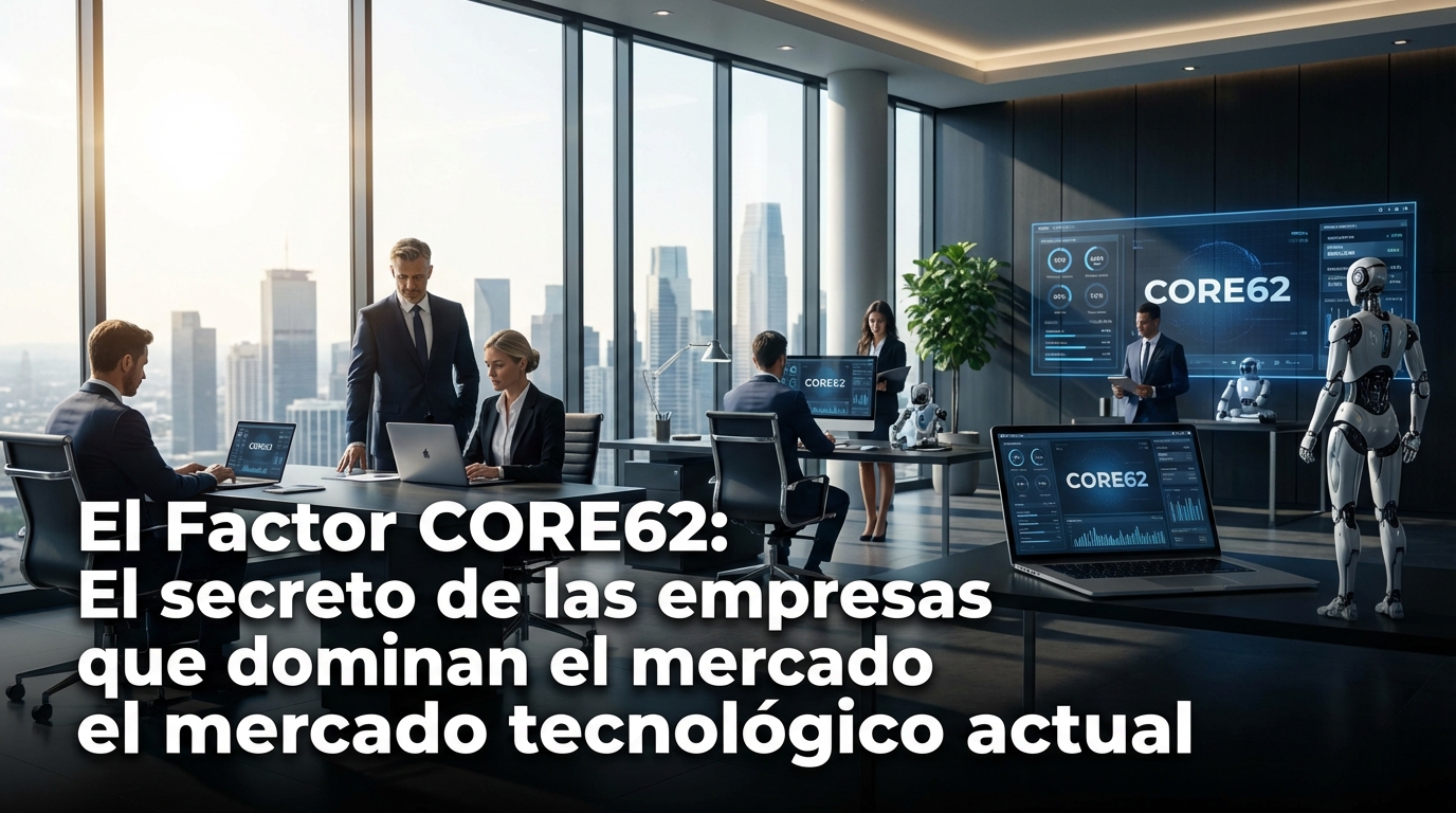 Sala de juntas moderna con pantallas que muestran CORE62, ejecutivos en traje, un robot y gráficos, reflejando innovación tecnológica y análisis de datos en un entorno corporativo.