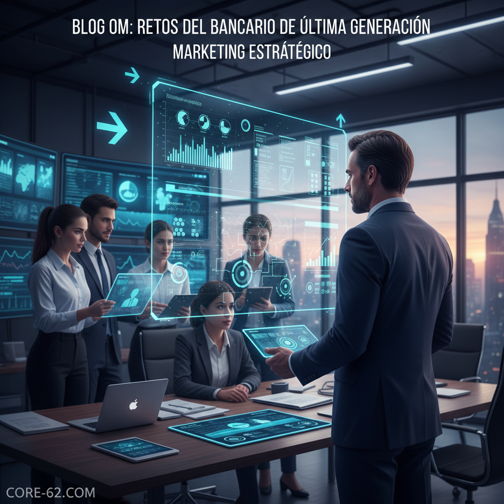 Equipo en oficina tecnológica con paneles de datos azules y gráficos digitales; “Retos del Bancario de Última Generación” y Marketing Estratégico