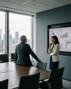En una oficina moderna, un ejecutivo y una consultora revisan gráficos en una pantalla, mientras se conversa sobre Sistemas Cloud-Native y CORE-62.