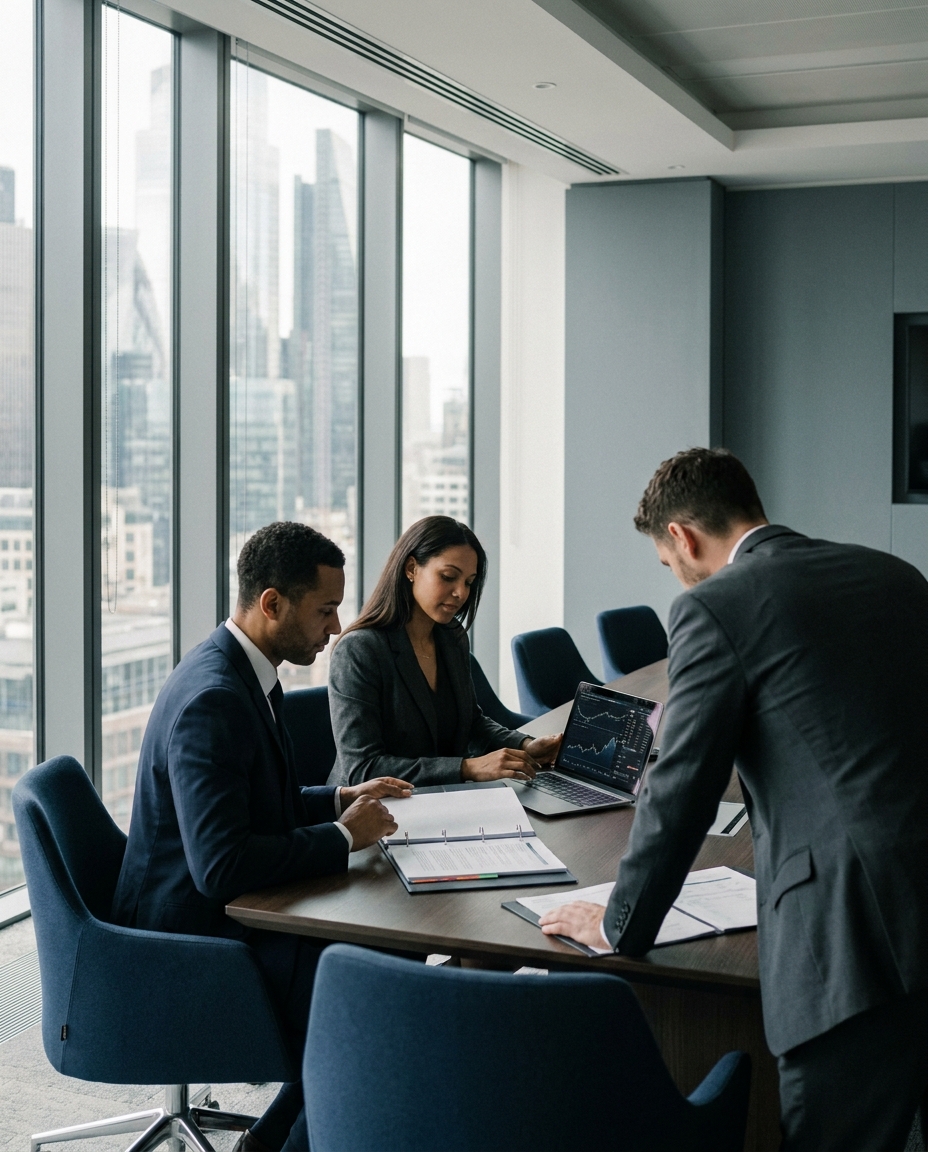Equipo ejecutivo revisa gráficos financieros y documentos en una sala de juntas moderna, en un contexto de cumplimiento normativo automatizado y RegTech.