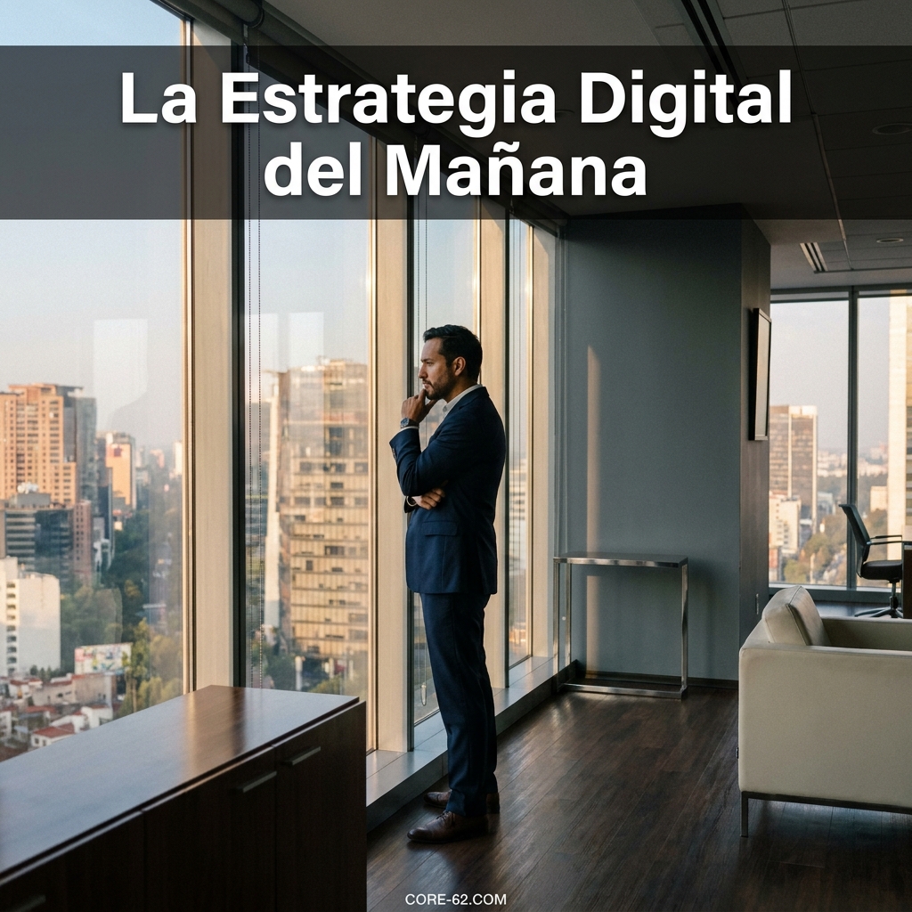 Un ejecutivo observa la ciudad desde una oficina moderna mientras el texto "La Estrategia Digital del Mañana" aparece en la parte superior.