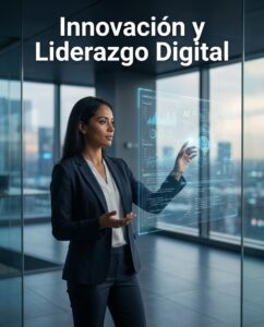Innovación y Liderazgo Digital sobre una interfaz blockchain, con gráficos y datos en azul luminoso ante una oficina vidriada para Pymes.