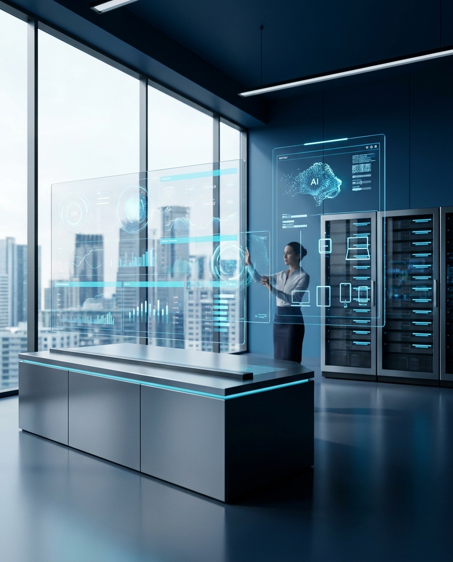 Automatización del Onboarding sin Intervención Humana con CORE-62: infraestructura tecnológica azul neón, IA en pantallas y paneles de datos en un centro