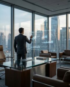 Ejecutivo en oficina observa gráficos y panel holográfico con “EL FUTURO DE LA IA EN LOS NEGOCIOS”, enfoque B2B y ROI, tonos azul y vidrio