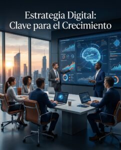 Estrategia Digital con Marketing de Sentimientos e Inteligencia Artificial: equipo directivo analiza gráficos azules y un cerebro digital en una sala.