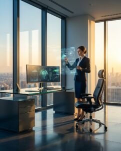 Mujer en oficina moderna con traje azul, señalando pantallas con gráficos de Predictive Analytics e Inteligencia Artificial (IA) en un holograma.