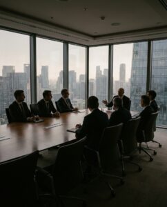 Reunión de trabajo híbrido en entorno financiero con ejecutivos con traje, iluminación tenue y gran ventanal frente al skyline urbano de CDMX