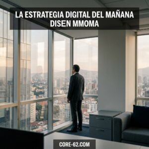 Un ejecutivo de traje observa la ciudad desde una oficina acristalada, bajo el lema "La estrategia digital del mañana" de core-62.com al atardecer.