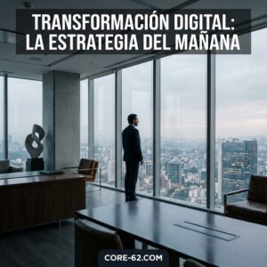 Un ejecutivo contempla la ciudad desde una oficina moderna, mientras el mensaje “Transformación digital: la estrategia del mañana” domina la escena.