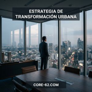 Un directivo observa la ciudad desde una oficina acristalada mientras el mensaje “ESTRATEGIA DE TRANSFORMACIÓN URBANA” refuerza la visión de CORE-62.