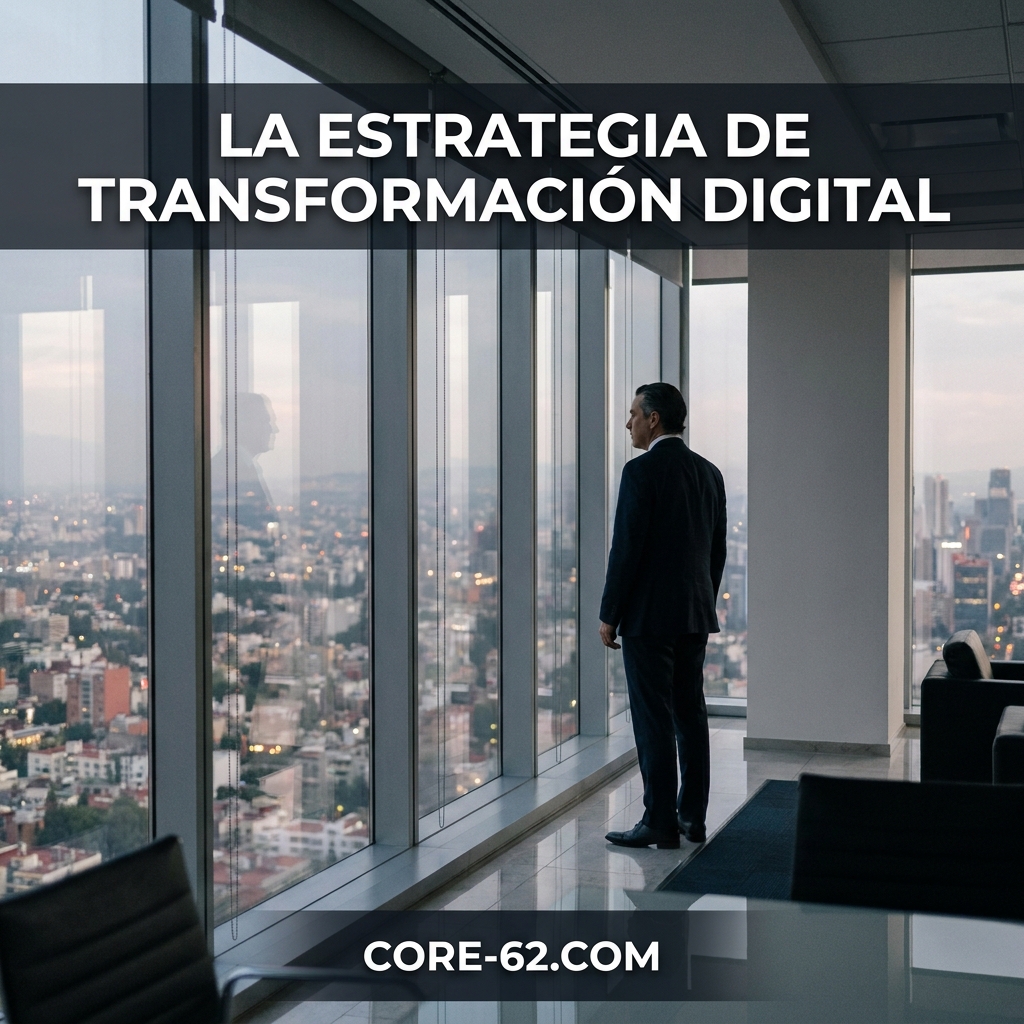 Un ejecutivo observa la ciudad desde una oficina acristalada mientras el mensaje «La estrategia de transformación digital» introduce Open Banking y CORE-62.