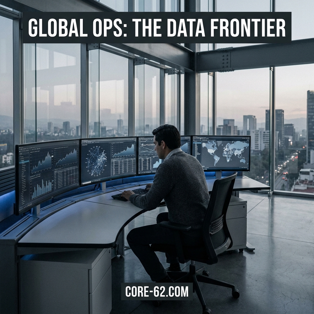 En un entorno empresarial digital, un analista trabaja frente a varios monitores con datos globales, mientras la página aborda deepfakes en negocios y seguridad.