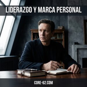Un hombre escribe en un escritorio mientras aparece el texto "Liderazgo y marca personal" y el dominio core-62.com en un entorno sobrio.