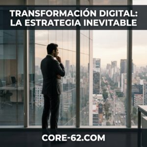 Un ejecutivo en traje observa la ciudad desde una oficina con el texto "Transformación digital: la estrategia inevitable" y CORE-62.COM.
