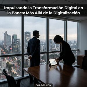 Dos ejecutivos analizan gráficos en una oficina con vista a la ciudad, bajo el texto Impulsando la Transformación Digital en la Banca bancaria.