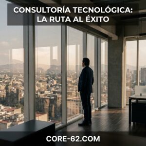 Un ejecutivo contempla la ciudad desde una oficina acristalada mientras el texto «CONSULTORÍA TECNOLÓGICA: LA RUTA AL ÉXITO» destaca arriba.