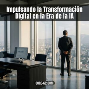 Un directivo observa la ciudad desde una oficina acristalada mientras se lee «Impulsando la Transformación Digital en la Era de la IA».