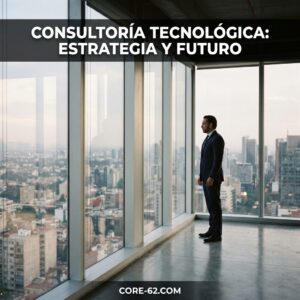 Un ejecutivo con traje contempla la ciudad desde una oficina alta, bajo el texto "Consultoría tecnológica: estrategia y futuro" de CORE-62.