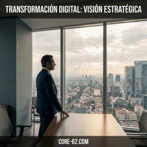 Un ejecutivo de traje azul observa la ciudad desde una oficina acristalada mientras aparece el texto "TRANSFORMACIÓN DIGITAL: VISIÓN ESTRATÉGICA".
