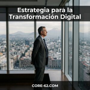 Un ejecutivo observa la ciudad desde una oficina acristalada bajo el texto “Estrategia para la Transformación Digital”.