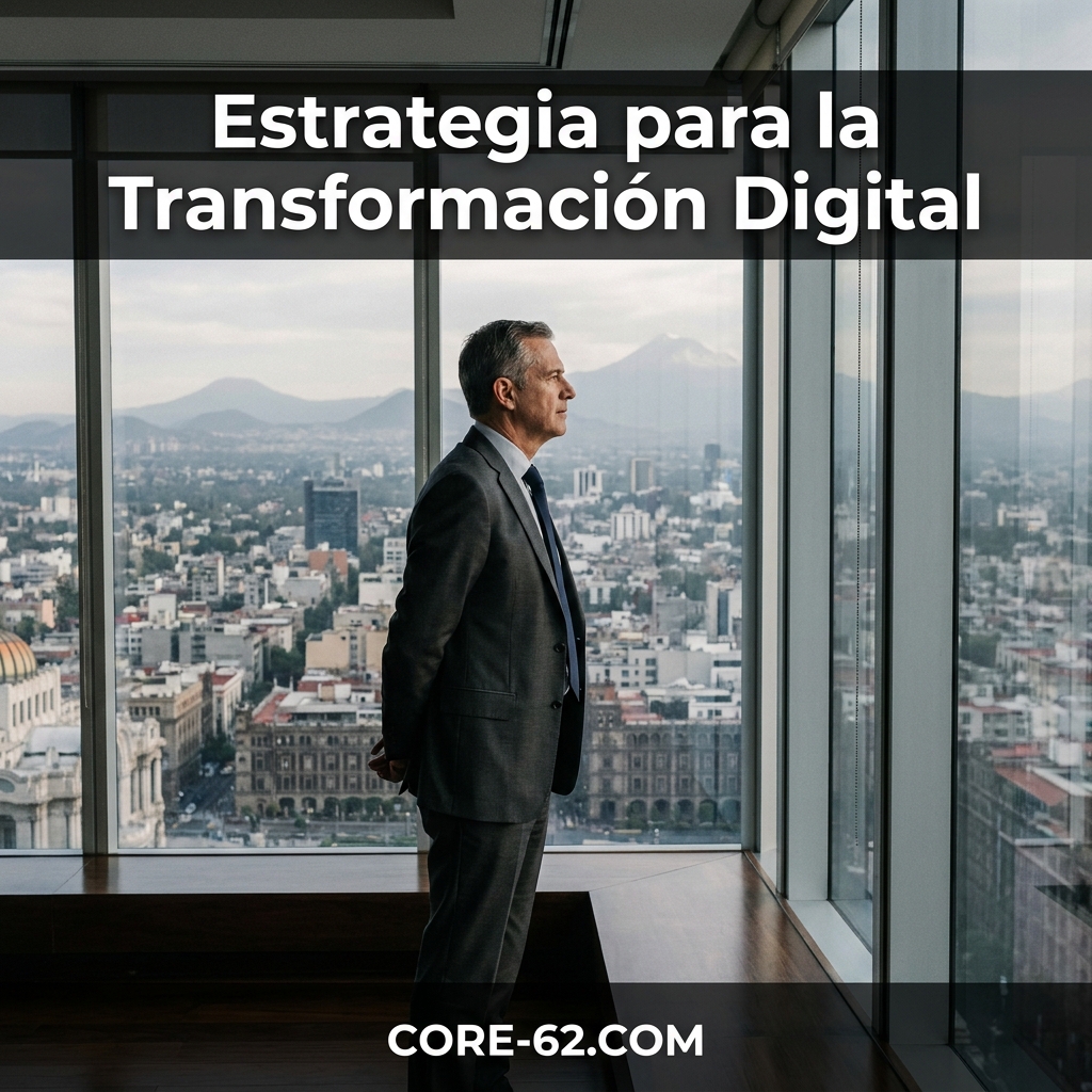 Un ejecutivo observa la ciudad desde una oficina acristalada bajo el texto “Estrategia para la Transformación Digital”.