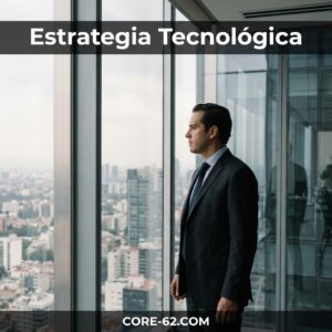 Un ejecutivo contempla la ciudad desde una oficina bajo el texto «Estrategia Tecnológica», sobre ética del dato e IA.