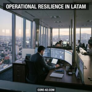 Profesional supervisa sistemas digitales en una oficina acristalada, con la ciudad al fondo y resiliencia operativa en LATAM.
