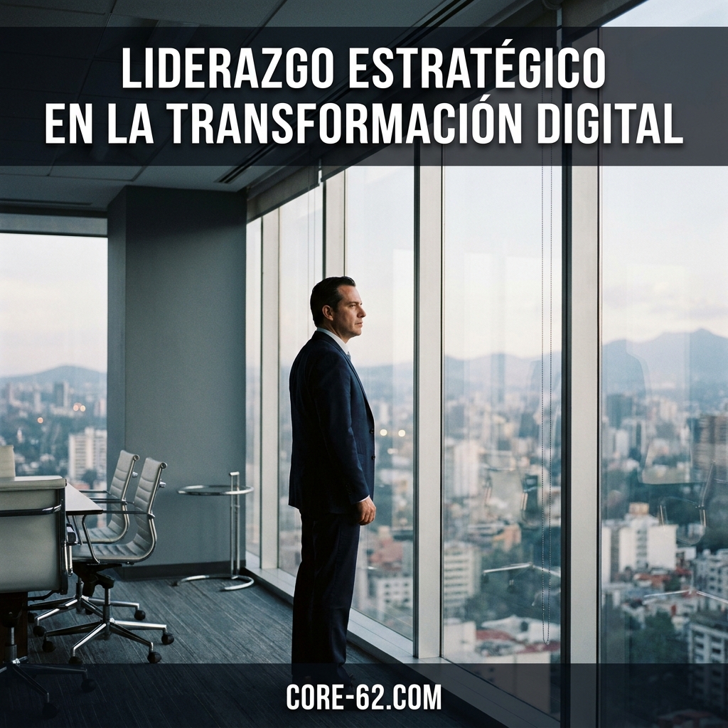 Un directivo con traje oscuro contempla la ciudad desde una oficina acristalada bajo el texto “Liderazgo estratégico”.