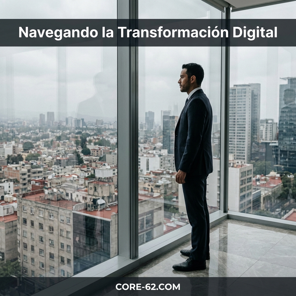 Un ejecutivo con traje oscuro contempla la ciudad desde un ventanal, bajo el texto “Navegando la Transformación Digital”.